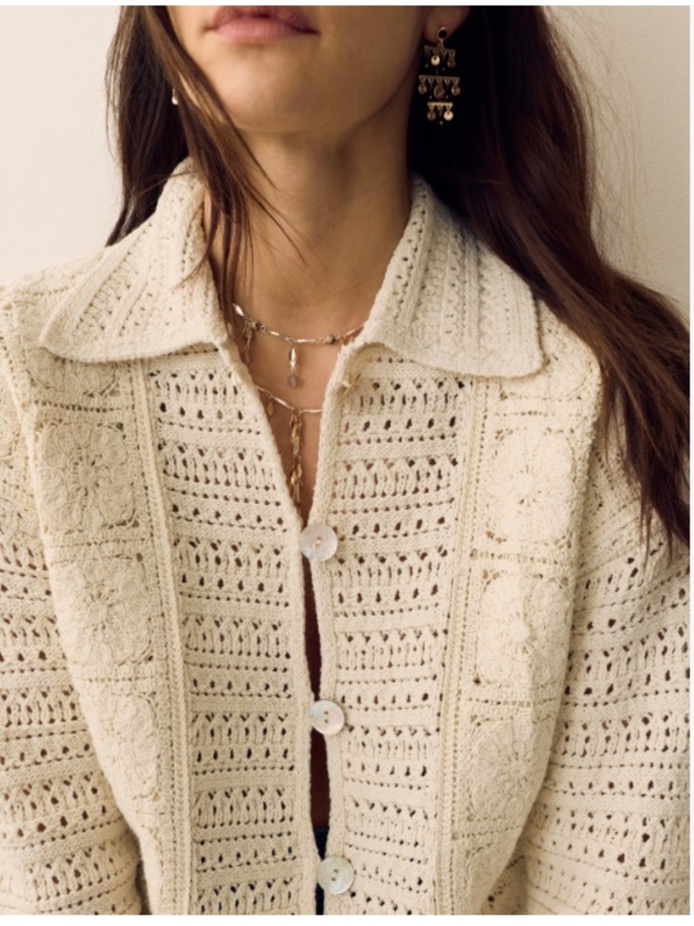 Joie Cream Crochet-Knit Collared Cardigan
